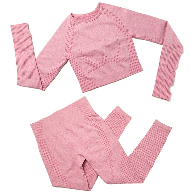 Yoga Set Women 2pcs Sport Suit Gymwear Workout Outfits Long Sleeve Fitness Crop Top High Waist Seamless Leggings Sportswear | Vimost Shop.