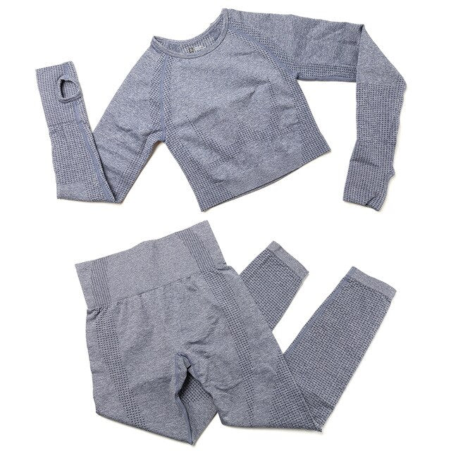 Yoga Set Women 2pcs Sport Suit Gymwear Workout Outfits Long Sleeve Fitness Crop Top High Waist Seamless Leggings Sportswear | Vimost Shop.