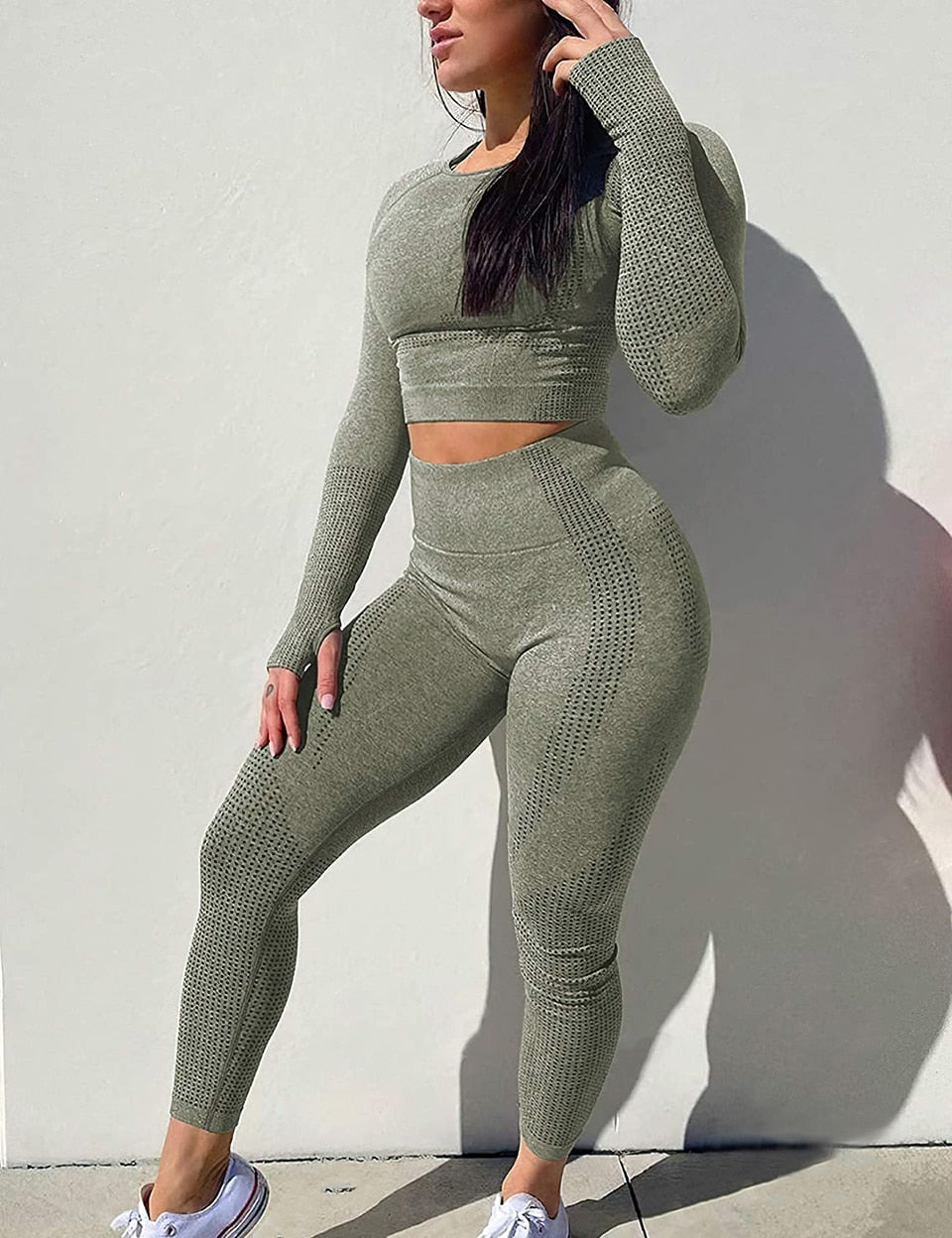 Yoga Set Women 2pcs Sport Suit Gymwear Workout Outfits Long Sleeve Fitness Crop Top High Waist Seamless Leggings Sportswear | Vimost Shop.