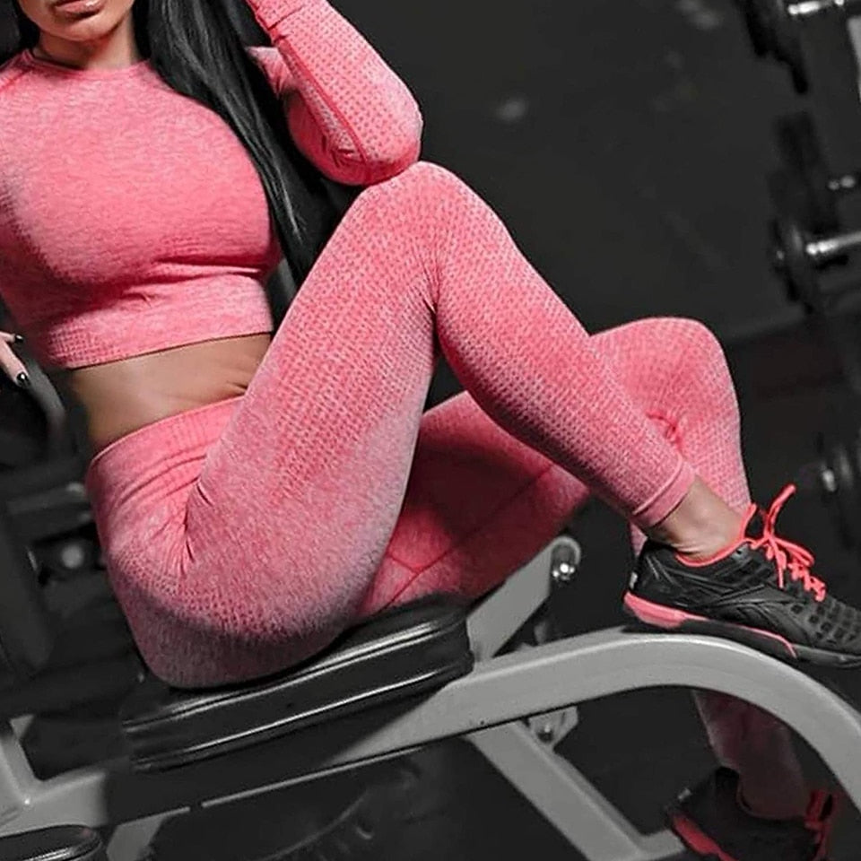 Yoga Set Women 2pcs Sport Suit Gymwear Workout Outfits Long Sleeve Fitness Crop Top High Waist Seamless Leggings Sportswear | Vimost Shop.