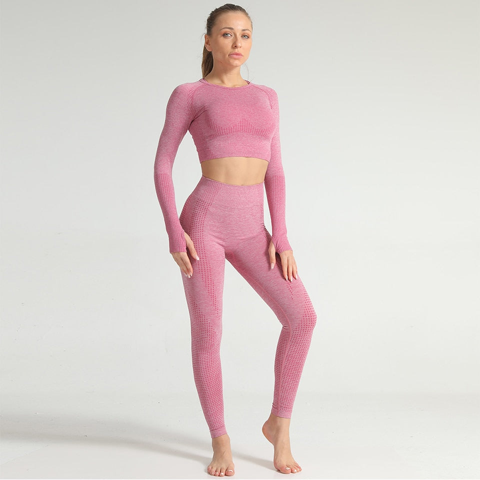 Yoga Set Women 2pcs Sport Suit Gymwear Workout Outfits Long Sleeve Fitness Crop Top High Waist Seamless Leggings Sportswear | Vimost Shop.