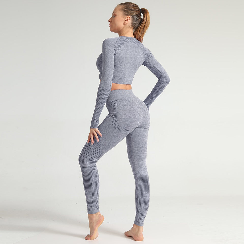 Yoga Set Women 2pcs Sport Suit Gymwear Workout Outfits Long Sleeve Fitness Crop Top High Waist Seamless Leggings Sportswear | Vimost Shop.