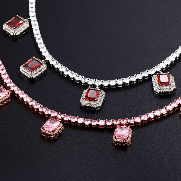Red Pink Square Gem Stone Tennis Chain Luxury Charm Choker For Women Ladies Necklaces Party Dress Accessiory For Wedding Chain | Vimost Shop.