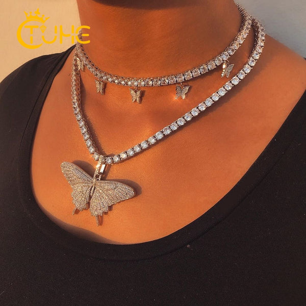 Iced Out Sparking Bling CZ Butterfly Pendant Necklace Charm Choker AAA Cubic Zircon Hip Hop Women Jewelry Tennis Chain Gold Pink | Vimost Shop.