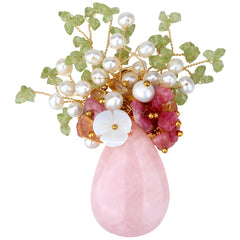 Women Rose Quartz Freshwater Pearl Peridot Citrine Watermelon Quartz Flower Vase Pin Brooch Pendant 2-in-1 Handmade Jewelry