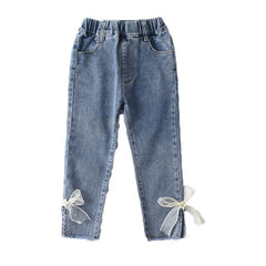 Slim Spring Fall Girl Jeans Sweet Bow Elastic Waist Kids Denim Pant for Girl 2 3 4 5 6 7 Year Toddler Children Trousers