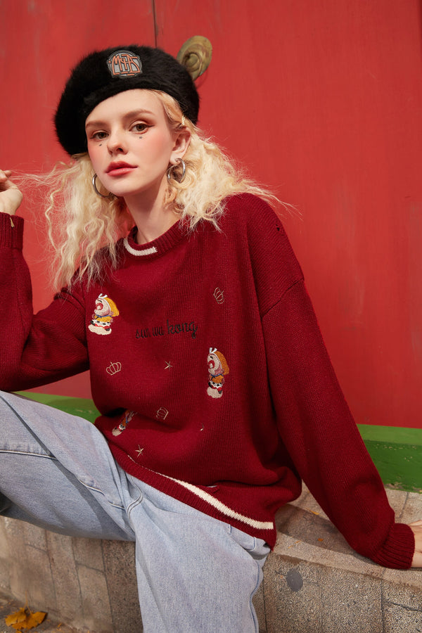 Monkey King Embroidery Casual Knit Pullover Sweaters Women,Spring Drop Shoulder Sleeve Ladies Daily Warm Tops