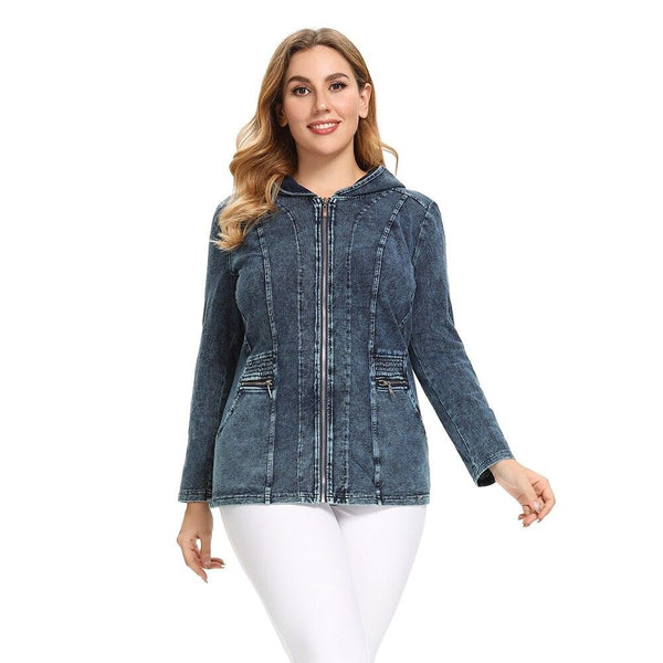 Women's Plus Size Casual Denim Jacket Woman Premium Stretch Knitted Denim with Shoulder Pads and Hat