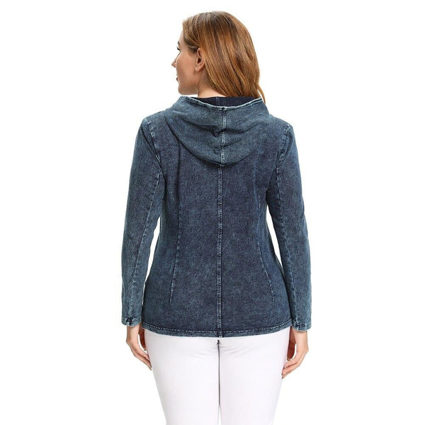 Women's Plus Size Casual Denim Jacket Woman Premium Stretch Knitted Denim with Shoulder Pads and Hat