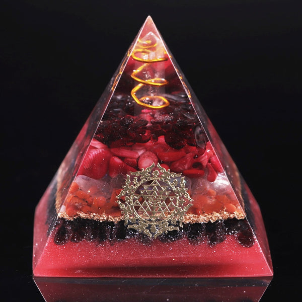 White Crystal Pillar Orgonite Pyramid With Garnet Red Coral Reiki Chakra Energy Orgone Pyramid Collection Emf Protection | Vimost Shop.