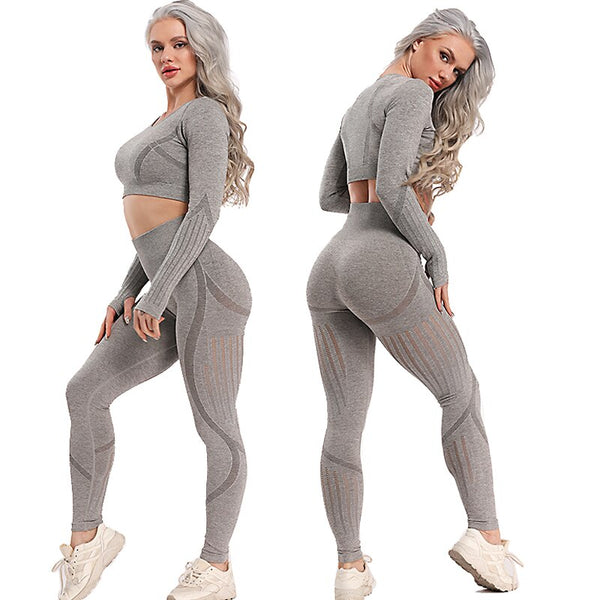 2pcs Seamless Yoga Sets Fitness Sport Suit For Women Tracksuit Gym Clothes Long Sleeve Crop Top Mesh Leggings Workout SportsWear | Vimost Shop.