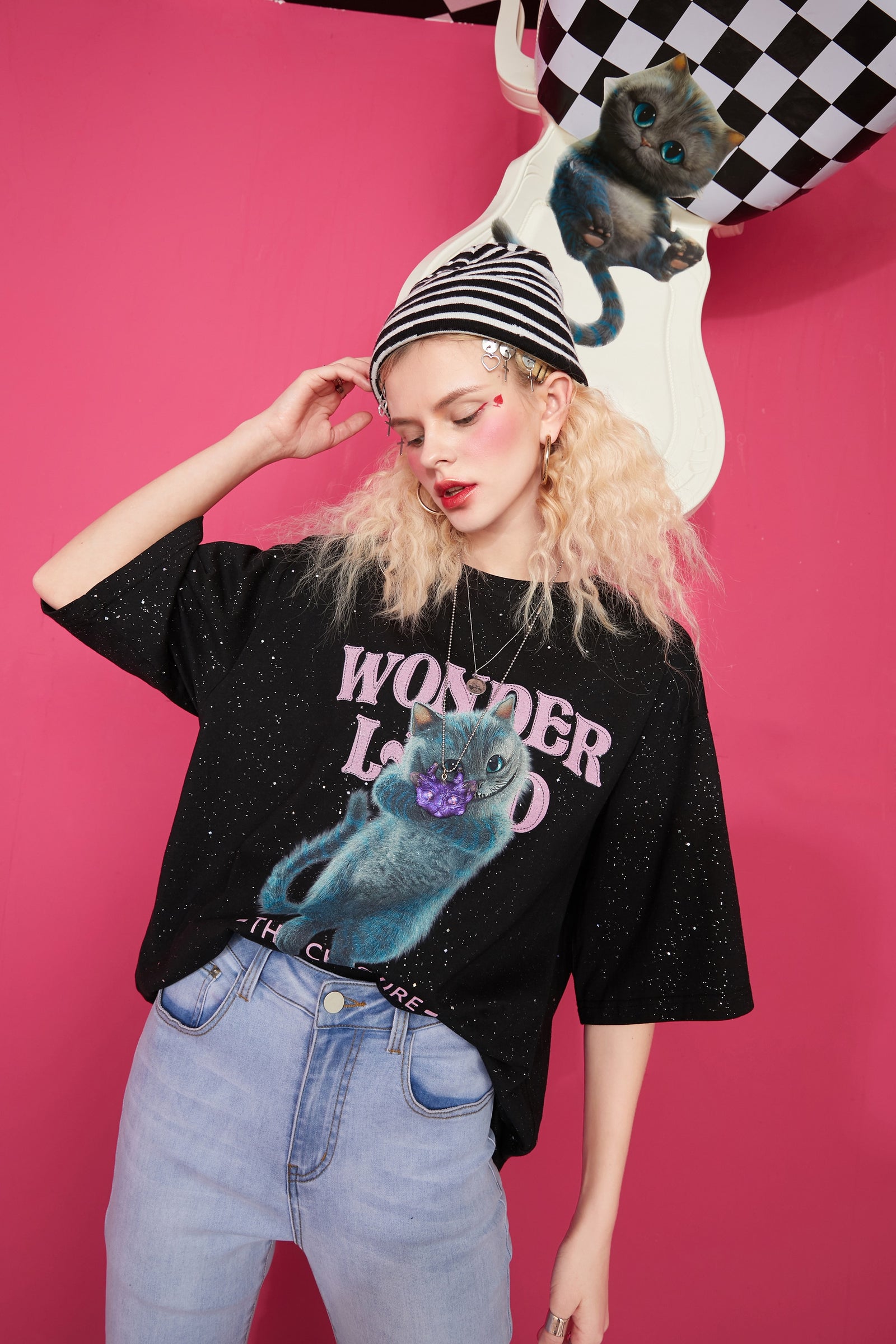 Harajuku Cat Print Casual T-Shirts Women,Spring ELF Vintage Short Sleeve Female Basic Daily Graphic Tops