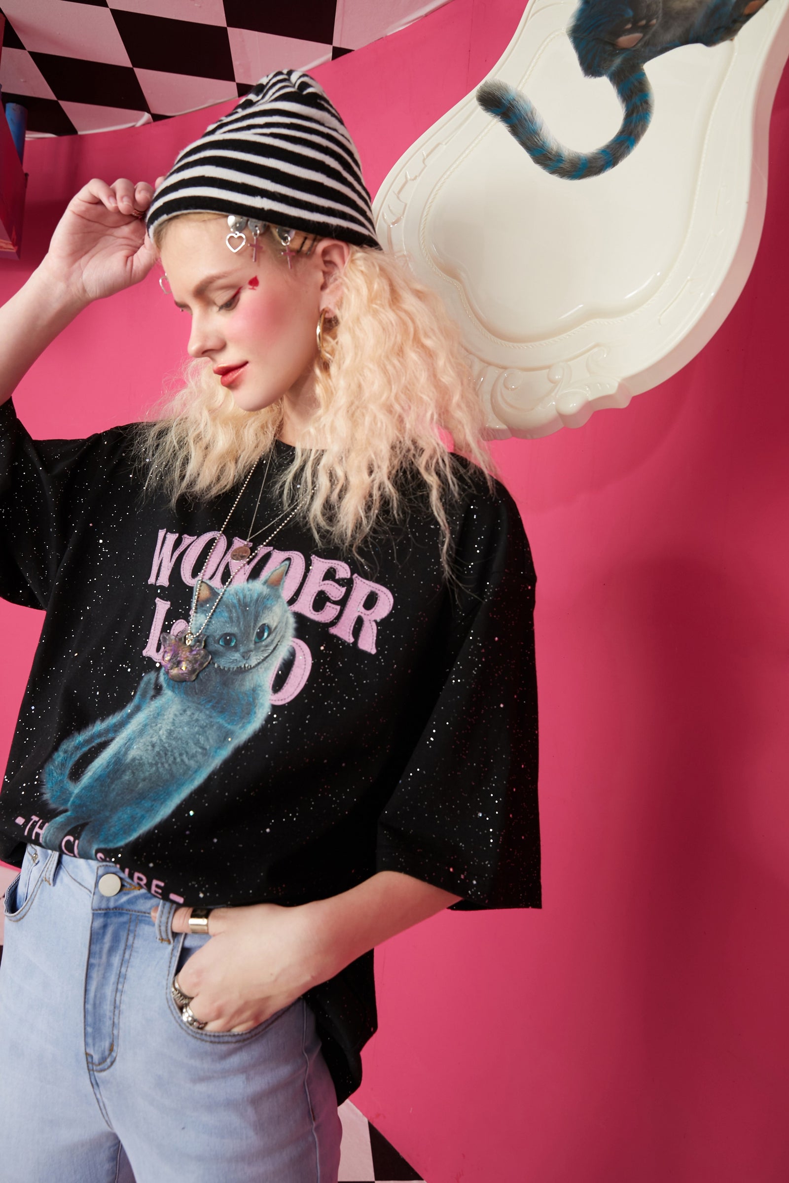 Harajuku Cat Print Casual T-Shirts Women,Spring ELF Vintage Short Sleeve Female Basic Daily Graphic Tops