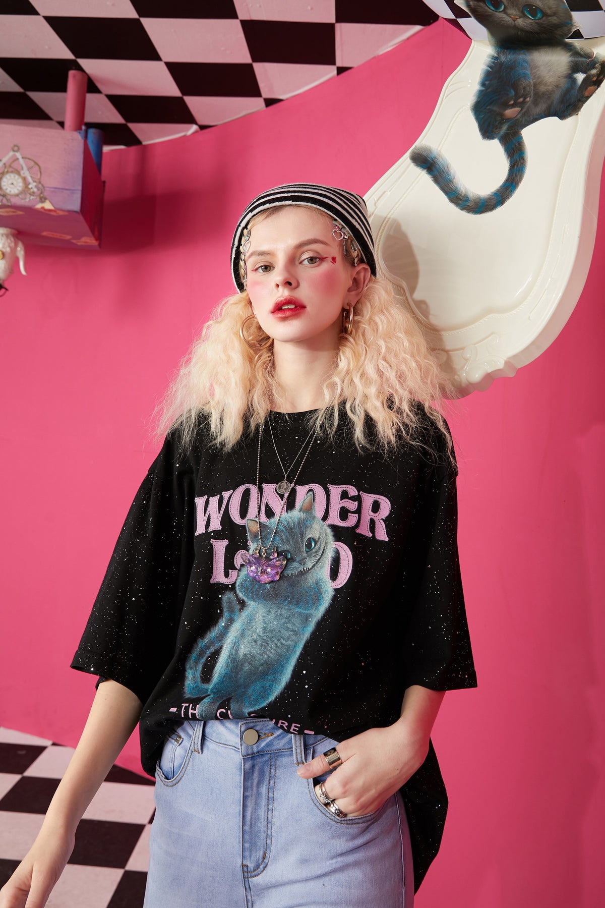Harajuku Cat Print Casual T-Shirts Women,Spring ELF Vintage Short Sleeve Female Basic Daily Graphic Tops
