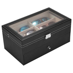 Leather 12 Piece Sun Eye Glasses Storage Box Display Drawer Case Organizer 2-Layer Lockable Transparent Top Black[US-Stock] | Vimost Shop.