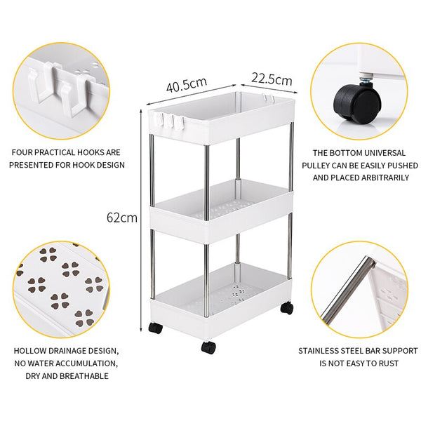 3-Tier Mobile Multi-Purpose Storage Cart Suitable for Kitchen Bathroom Laundry Room Narrow Place Plastic&Stainless Steel White | Vimost Shop.