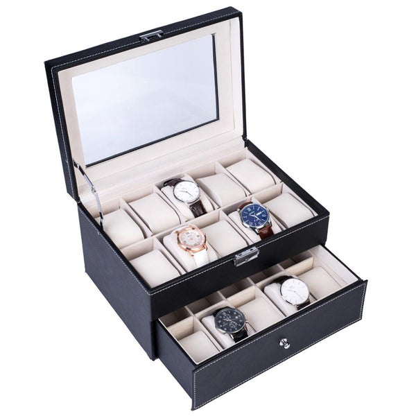 Elegant Wooden Watch Collection Storage Box Jewelry Display Case Organizer 2 Layers 20 Slots Portable and Practical Black[US-W] | Vimost Shop.
