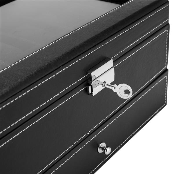 Mens Watch Box Organizer 10 Slots Lockable Jewelry Display Case with Real Glass Top Faux Leather Black/White[US-Stock] | Vimost Shop.