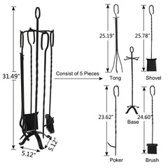 5 In 1 Fireplace Stove Tool Set Flat Iron Cross Base Includes Brushes Shovels Pliers and Poker[US-Stock] | Vimost Shop.