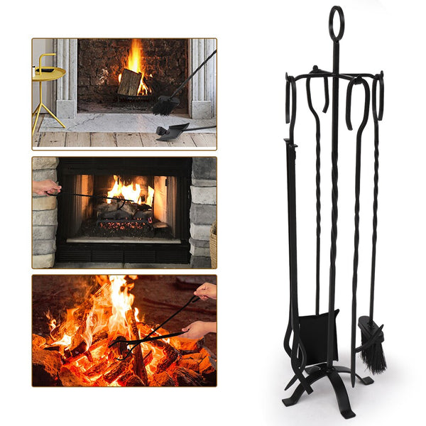 5 In 1 Fireplace Stove Tool Set Flat Iron Cross Base Includes Brushes Shovels Pliers and Poker[US-Stock] | Vimost Shop.