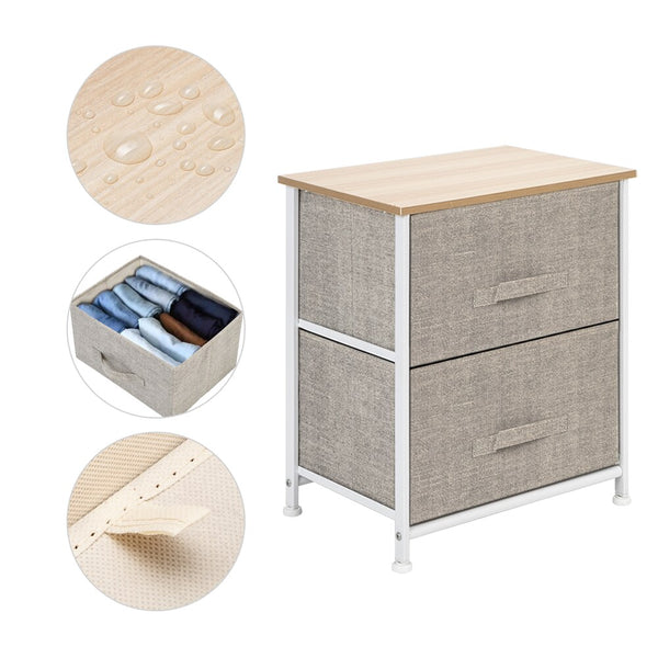 Night Stand End Table Storage Tower Dresser 2 Drawers Sturdy Steel Frame Wood Top Easy Pull Fabric Bins Organizer 3 Colors[US-W] | Vimost Shop.