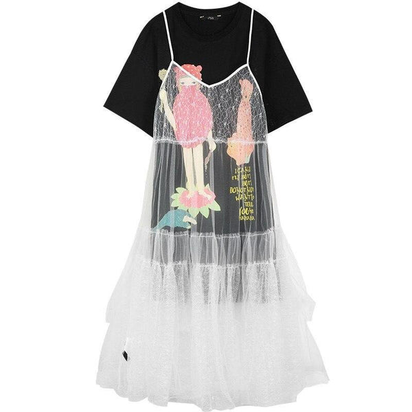 Funny Graphic Casual Overall Dresses Women,Spring ELF Vintage Contrast Lace Korean Ladies Daily 2-IN-1 Dress