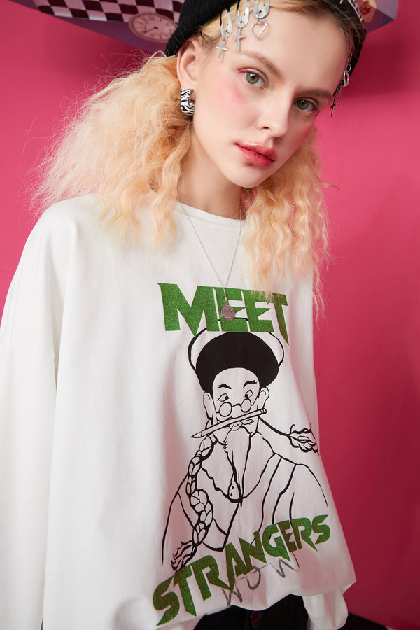 Harajuku Cartoon Print Casual Pullover T-Shirts Women,Spring Vintage Full Sleeve Female Basic Daily Graphic Tops