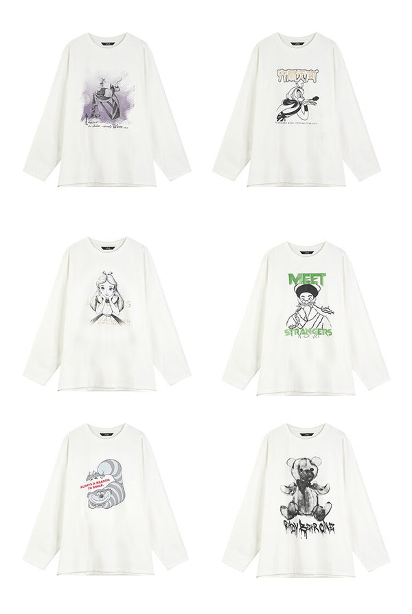 Harajuku Cartoon Print Casual Pullover T-Shirts Women,Spring Vintage Full Sleeve Female Basic Daily Graphic Tops