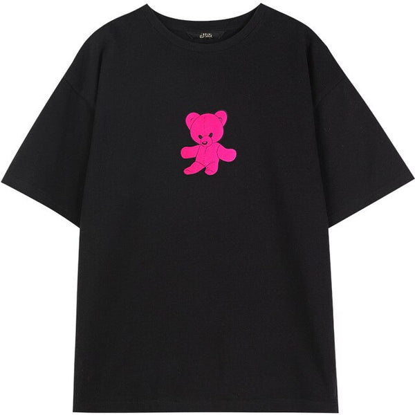 Harajuku Bear Print Casual Pullover T-Shirts Women,Spring ELF Vintage Short Sleeve Female Basic Daily 2-IN-1 Tops