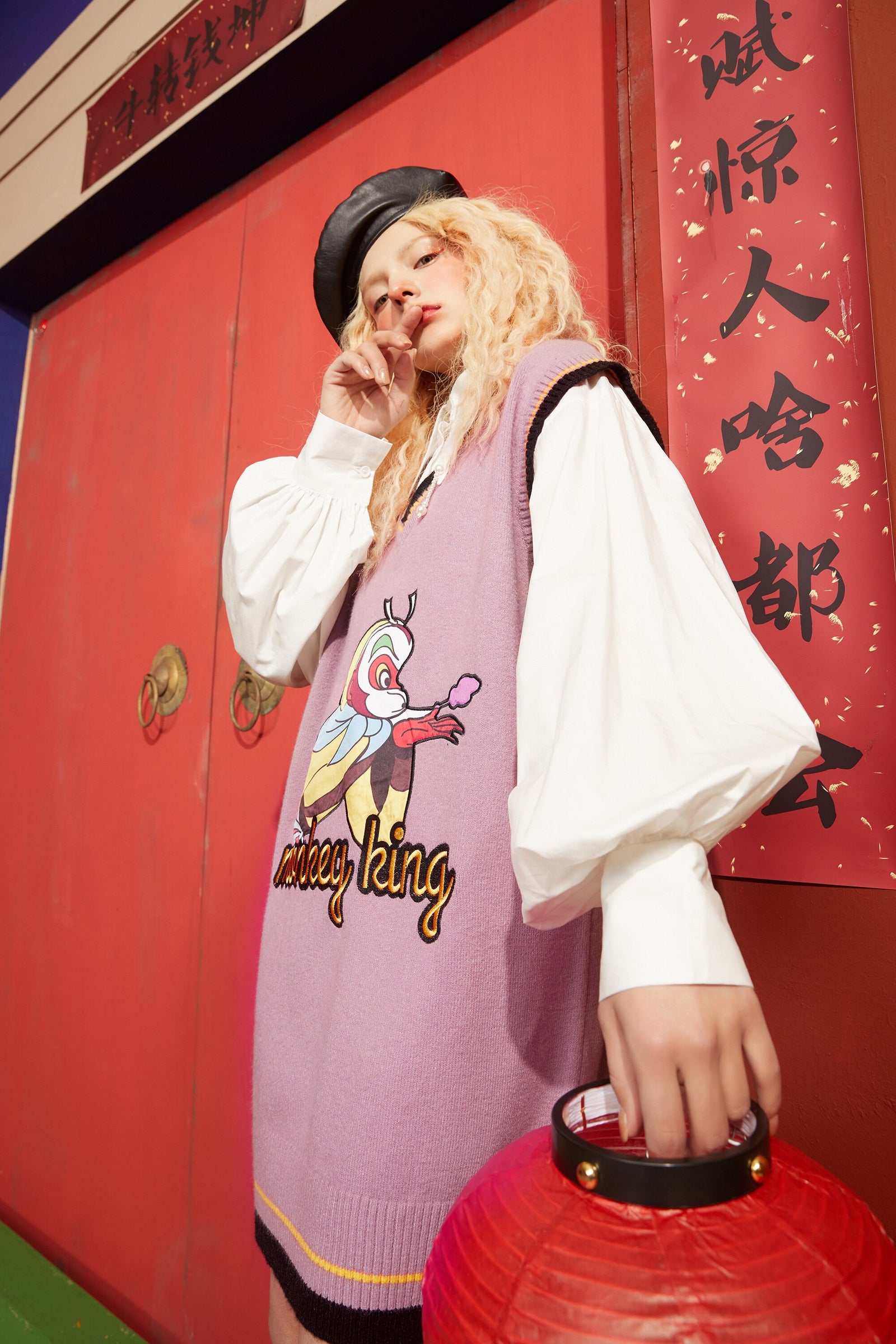 Monkey King Print Casual 2-IN-1 Dresses Women,Winter ELF Vintage Lantern Sleeve Korean Ladies Daily Shirt Dress