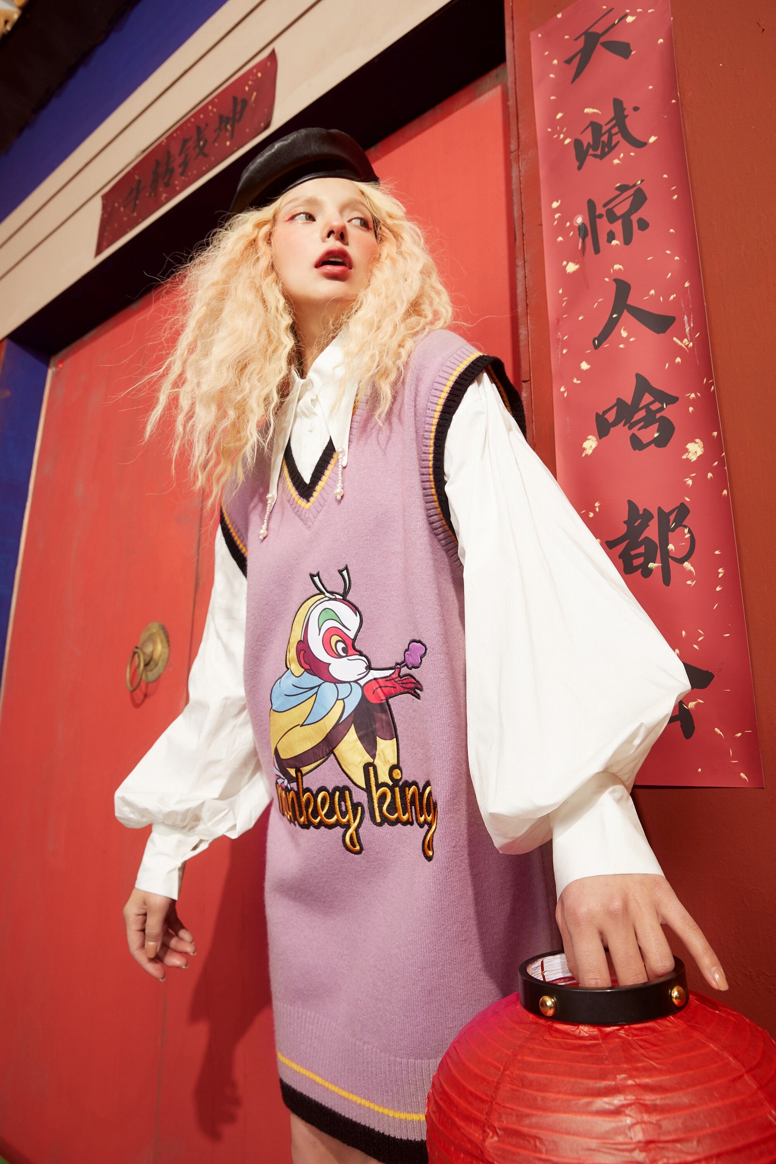 Monkey King Print Casual 2-IN-1 Dresses Women,Winter ELF Vintage Lantern Sleeve Korean Ladies Daily Shirt Dress