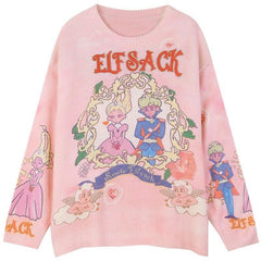 Harajuku Cartoon Jacquard Casual Pullover Knit Sweaters Women,Spring Kawaii Vintage Korean Ladies Daily Soft Tops