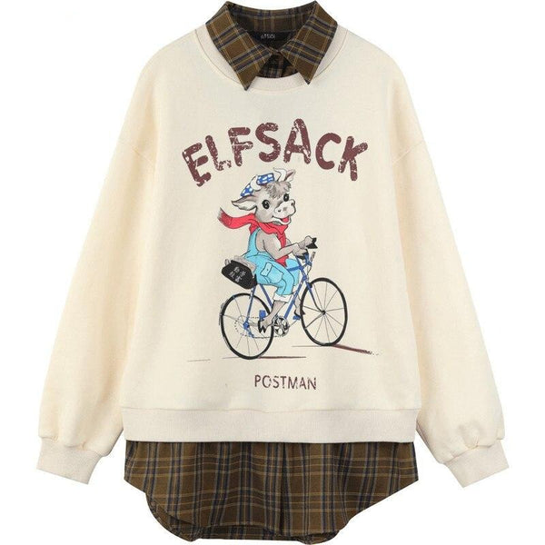 Harajuku Graphic Print Casual Pullover Sweatshirt Women,Spring Patchwork Plaid Ladies Daily Graphic 2-IN-1Top