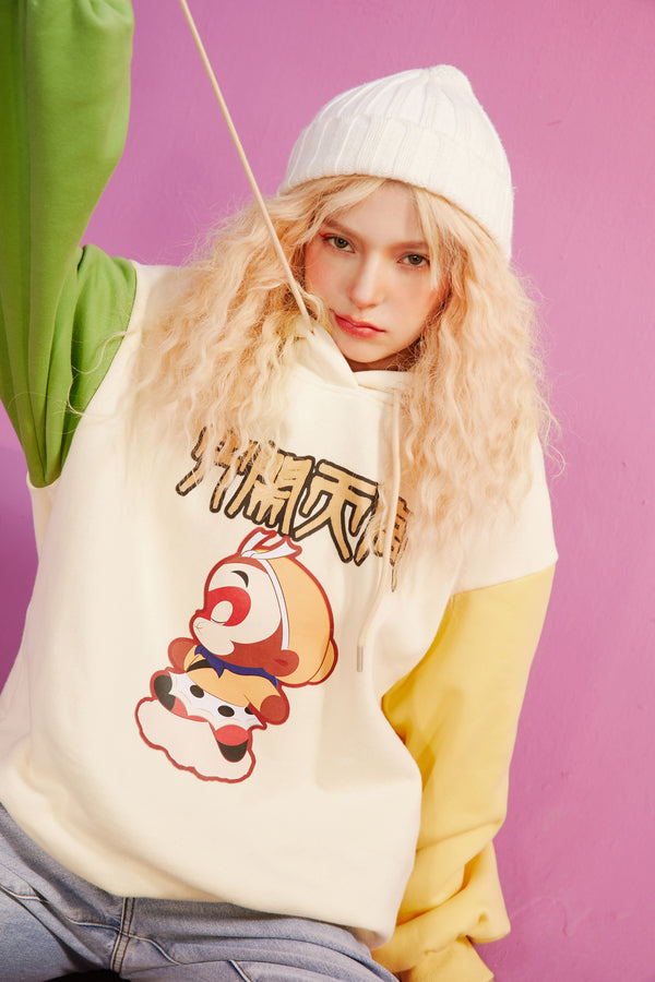 Harajuku Monkey King Embroidery Casual Pullover Sweatshirt Women,Spring Velvet Colorblock Ladies Daily Graphic Top