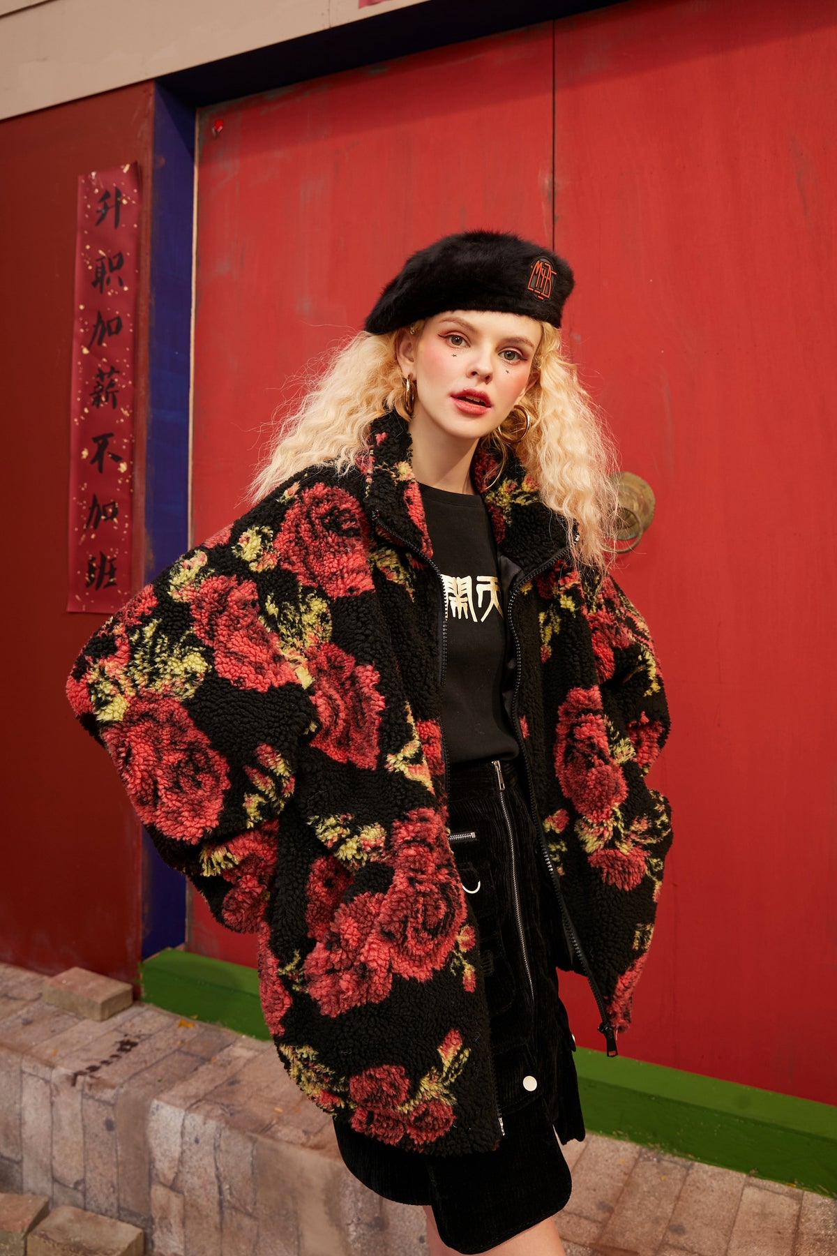 Rose Jacquard Zipper Oversize Women Teddy Jacket,Spring Vintage Full Sleeve,Casual Ladies Daily Warmness Outwear