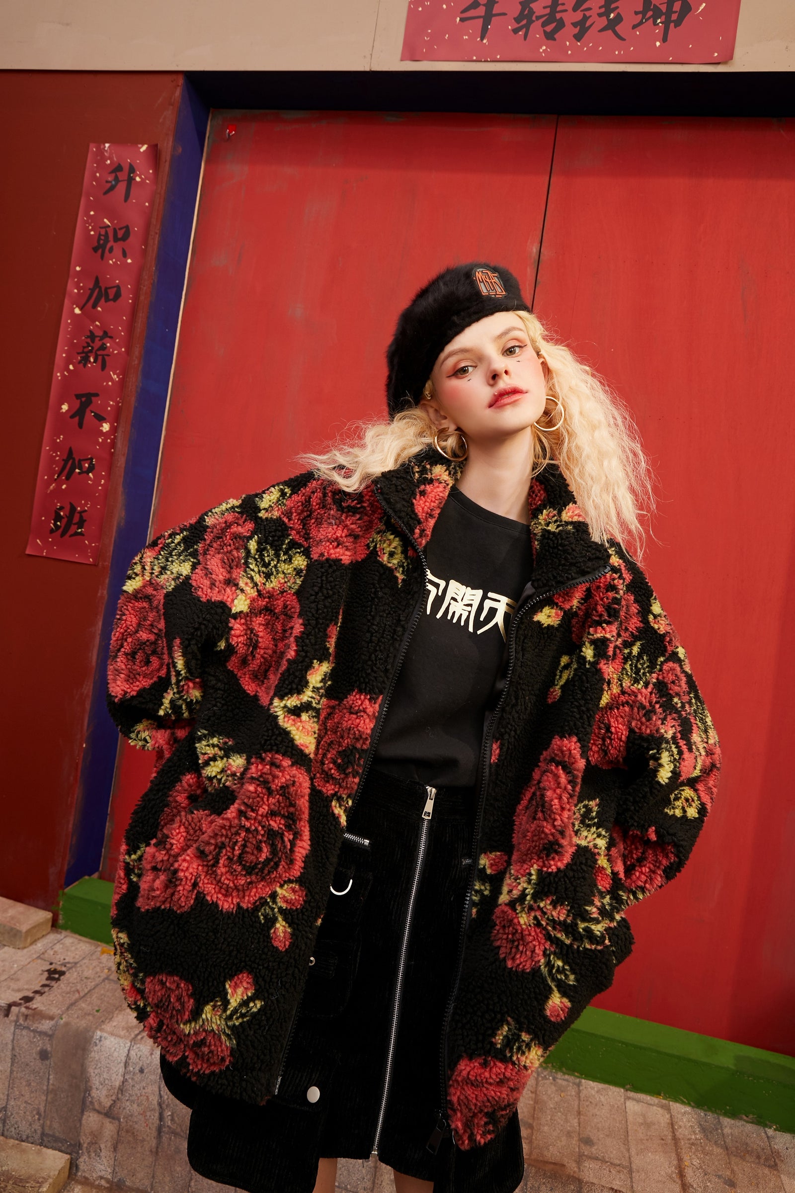 Rose Jacquard Zipper Oversize Women Teddy Jacket,Spring Vintage Full Sleeve,Casual Ladies Daily Warmness Outwear