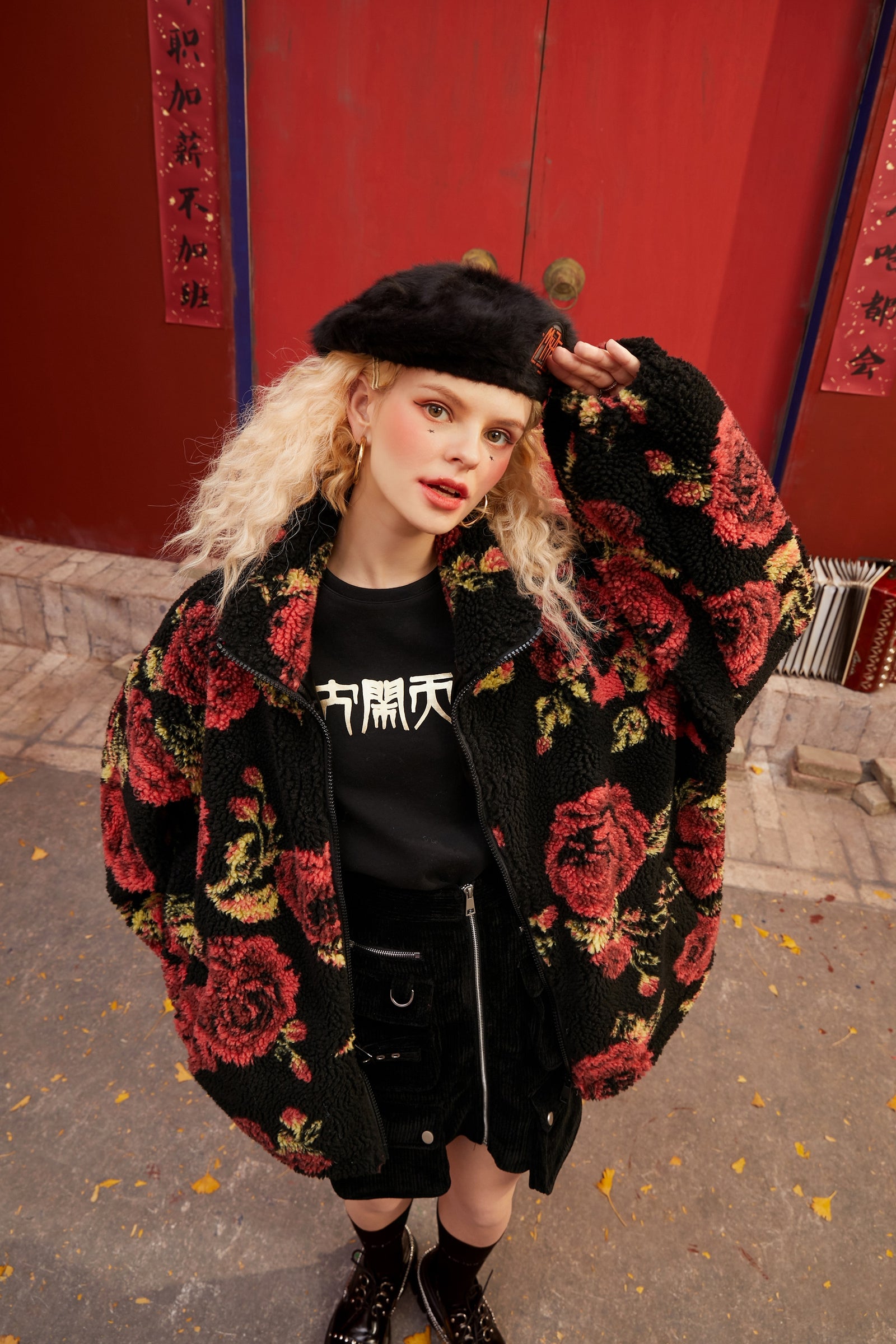 Rose Jacquard Zipper Oversize Women Teddy Jacket,Spring Vintage Full Sleeve,Casual Ladies Daily Warmness Outwear