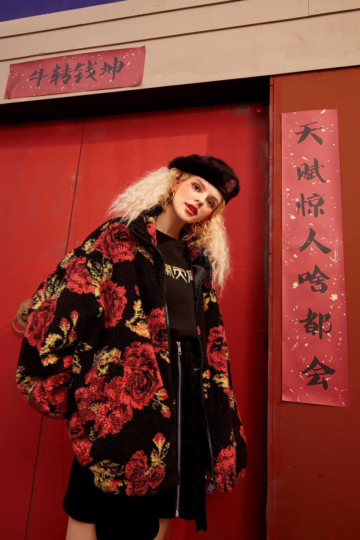 Rose Jacquard Zipper Oversize Women Teddy Jacket,Spring Vintage Full Sleeve,Casual Ladies Daily Warmness Outwear