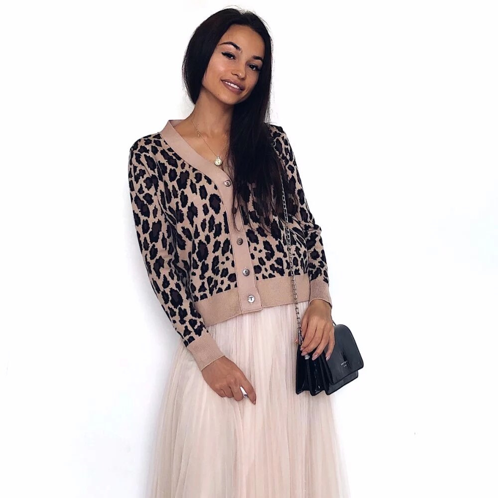 Spring Autumn Vintage Leopard Print Women Knitted Sweater V-Neck Buttons Short Cardigan Casual Female Ladies Outwear