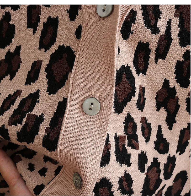 Spring Autumn Vintage Leopard Print Women Knitted Sweater V-Neck Buttons Short Cardigan Casual Female Ladies Outwear