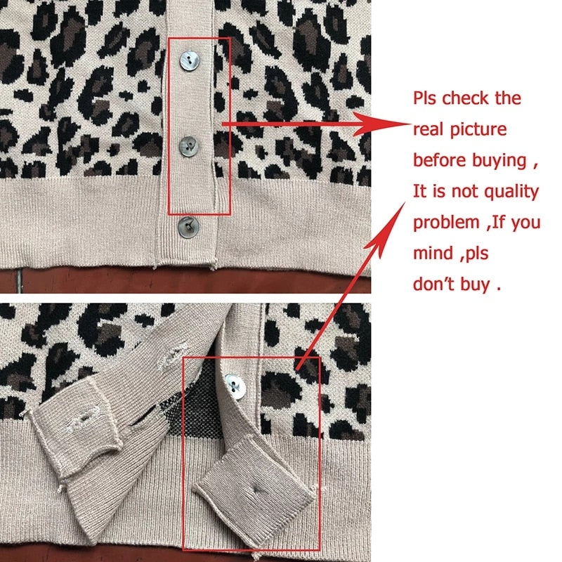 Spring Autumn Vintage Leopard Print Women Knitted Sweater V-Neck Buttons Short Cardigan Casual Female Ladies Outwear