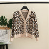 Spring Autumn Vintage Leopard Print Women Knitted Sweater V-Neck Buttons Short Cardigan Casual Female Ladies Outwear