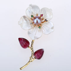 Womens Freshwater Pearl Rose Red Glazes CZ White Shell Flower Luxury Pin Brooch Pendant 2-in-1 Handmade Jewelry Gifts Girls