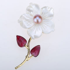 Womens Freshwater Pearl Rose Red Glazes CZ White Shell Flower Luxury Pin Brooch Pendant 2-in-1 Handmade Jewelry Gifts Girls