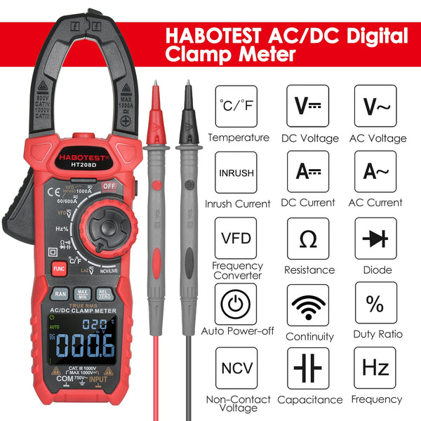 HABOTEST AC/DC Clamp Meter True-RMS Anto-Ranging Tester Current Clamp with Amp Volt Ohm Diode Capacitance Resistance Continuity | Vimost Shop.