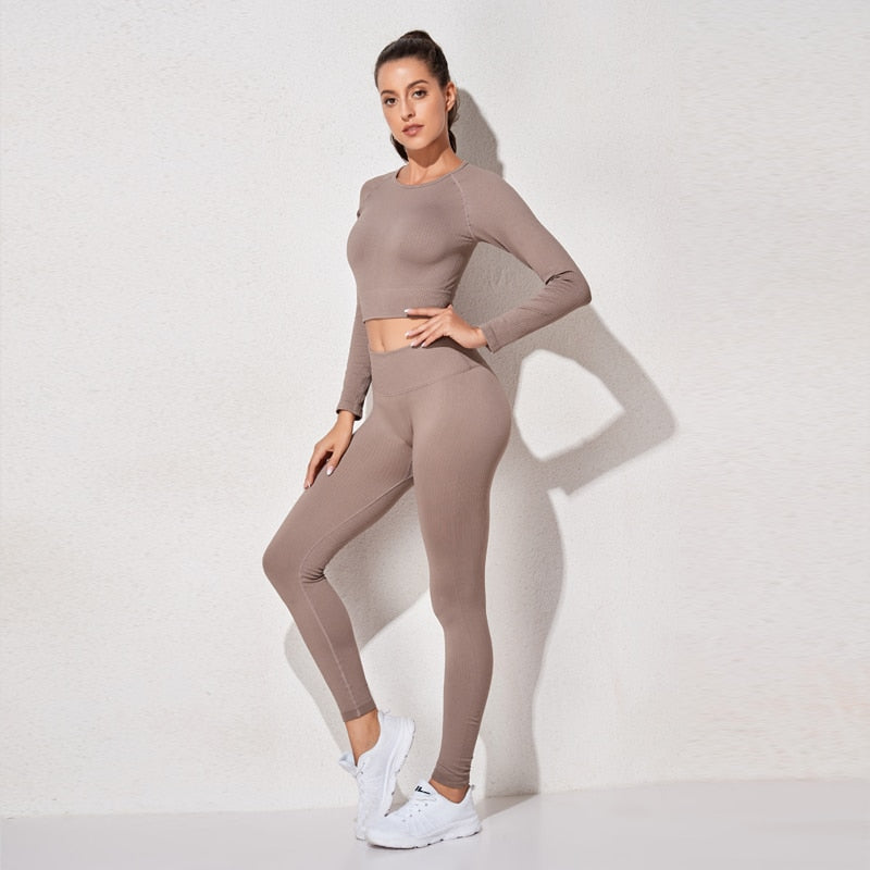 Yoga Set Seamless Women's Sportswear Workout Clothes Athletic Wear Gym Legging Fitness Bra Crop Top Long Sleeve Sports Suits