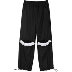 Solid Pure Contrast Lace Straight Casual Women Pants,Spring Vintage High Waist Ripped Hole, Ladies Daily Trouser