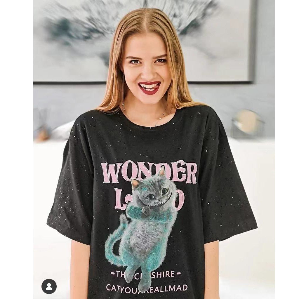 Harajuku Cat Print Casual T-Shirts Women,Spring ELF Vintage Short Sleeve Female Basic Daily Graphic Tops