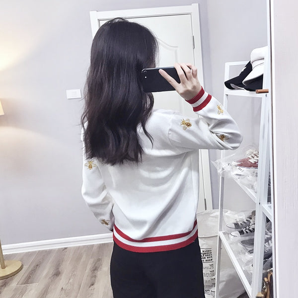 High Quality Fashion Designer Bee Embroidery Cardigan Long Sleeve Single Breasted Contrast Color Button Knitted Sweaters