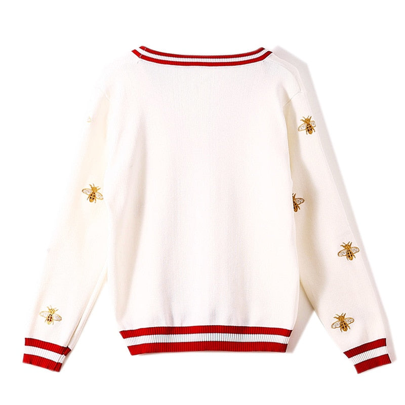 High Quality Fashion Designer Bee Embroidery Cardigan Long Sleeve Single Breasted Contrast Color Button Knitted Sweaters